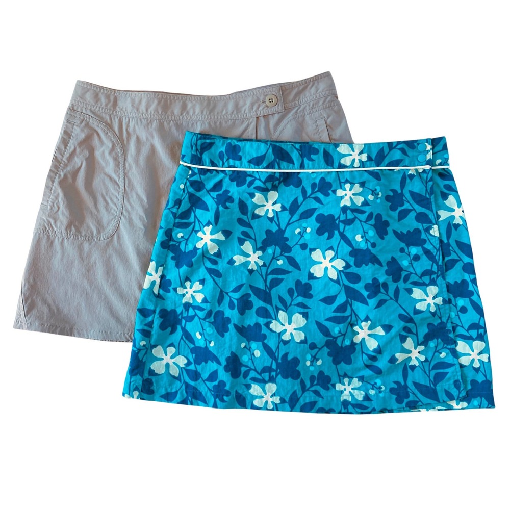Patagonia Lot Solimar Green Skort & Button Out Boardie Wrap Blue Floral Skirt 10